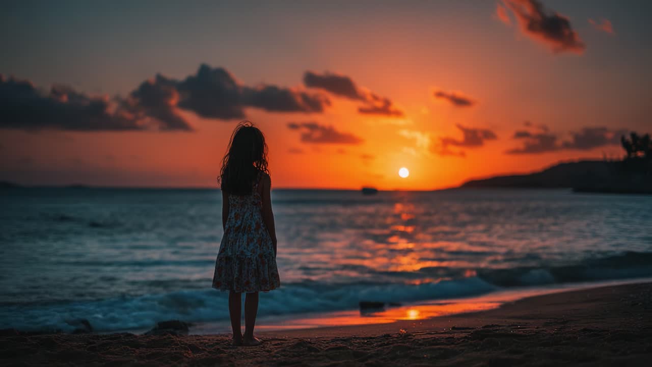 A Serene Sunset Moment: A Young Girl Silhouetted Against the Vibrant Horizon, Capturing the Essence of Tranquility by the Ocean at Dusk