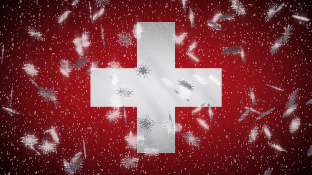 Bandiera svizzera, neve che cade in loop, sfondo di Capodanno e Natale.