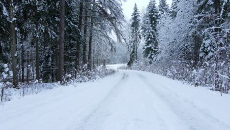 Snow-Covered-Road-In-The-Winter-Forest---aerial-drone-shot