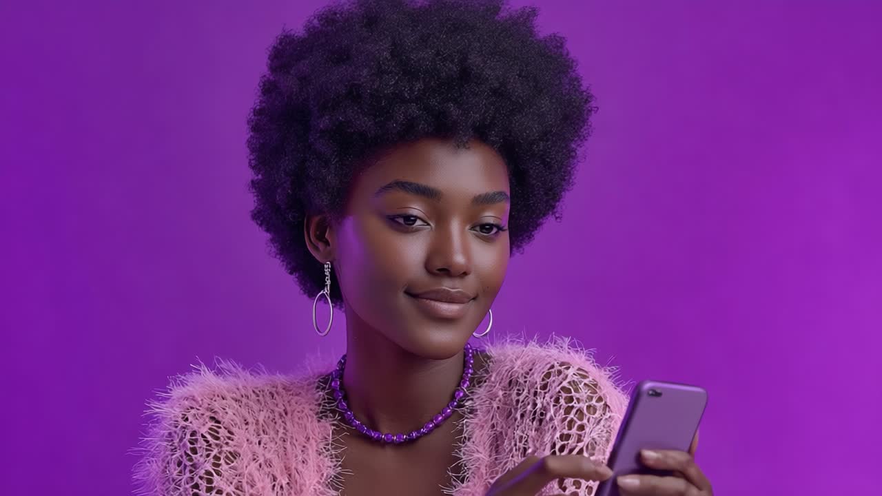 A Charming Portrait of a Young Woman Engaged with Her Smartphone Against a Bright Purple Background, Highlighting Fashion and Modern Connectivity