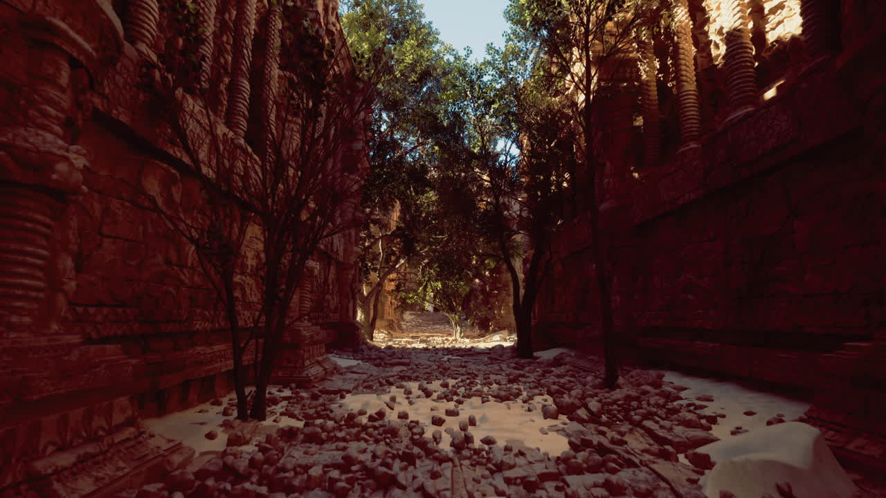 Ancient ruins surrounded by trees create a serene atmosphere during daylight