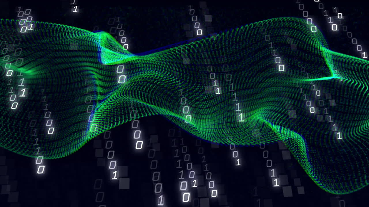 Animation of binary coding data processing and connections on black background