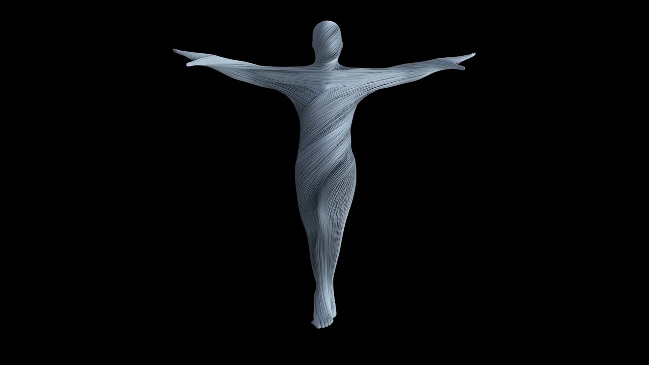Statue af en person med udstrakte arme stående, i mørk baggrund, med statue, fra et frontalt perspektiv, med hvide, sorte accenter og fredfyldt og åben stemning, nærliggende objekter