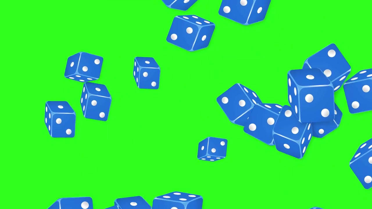 Dadi da gioco blu cadono e rimbalzano al rallentatore su uno sfondo verde brillante (green screen)