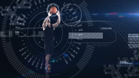 Athlete-playing-basketball-against-animated-background