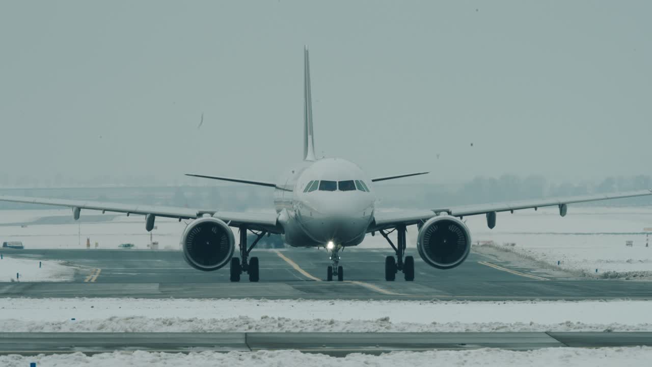 un avión de pasajeros a320neo taxiando hacia la cámara en un aeropuerto nevado