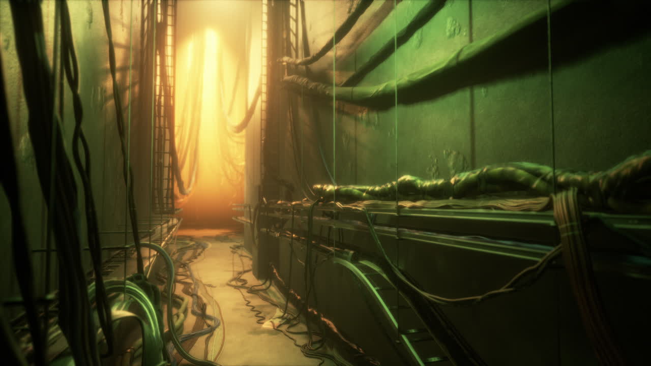 un corredor ciberpunk abandonado y brillante