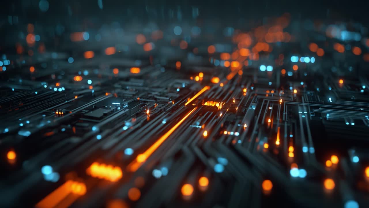 A Stunning Abstract Visualization of a Circuit Board Filled with Glowing Orange and Blue Lights, Illustrating the Complexity of Modern Technology and Electronics