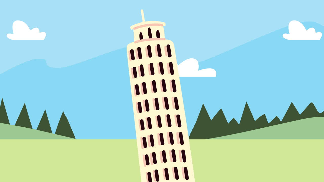 animazione bon voyage con la torre di pisa nel campo