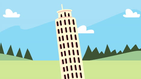 bon voyage animation with pisa tower in the camp