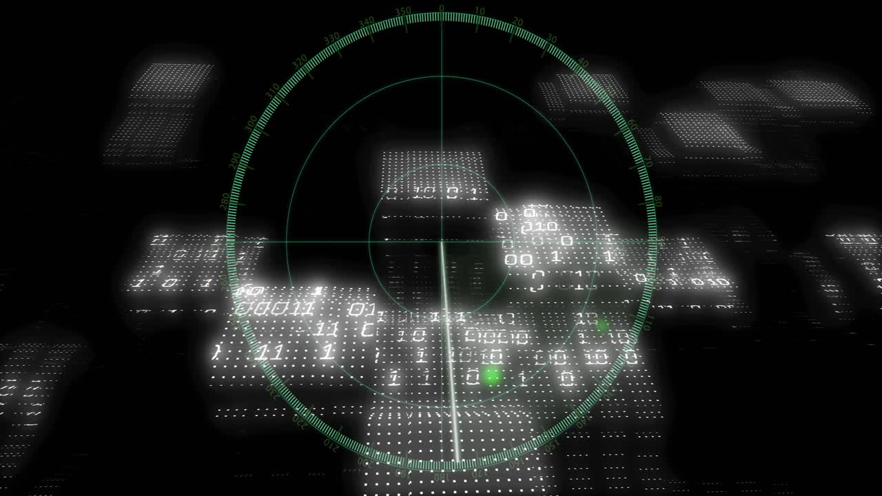 Scanning digital landscape, radar screen with animation of binary code in school