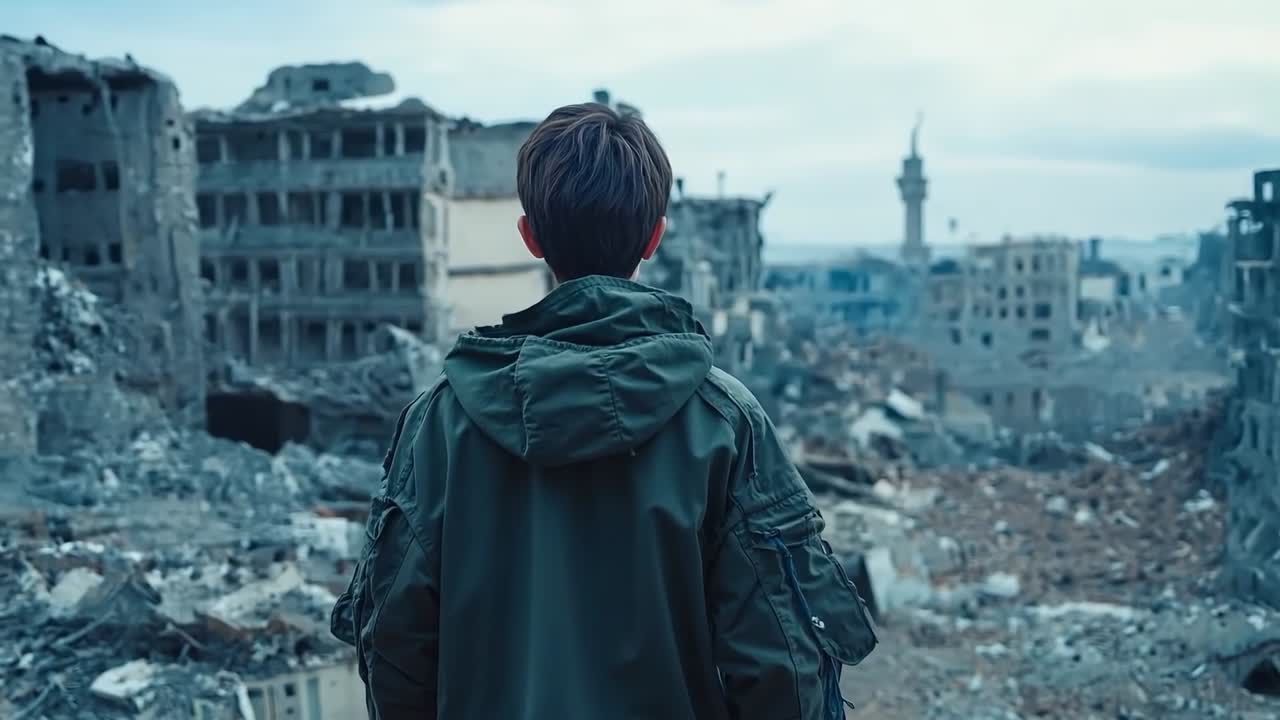 파괴된 도시 한가운데 서 있는 소년
