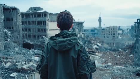 a boy standing in the middle of a destroyed city