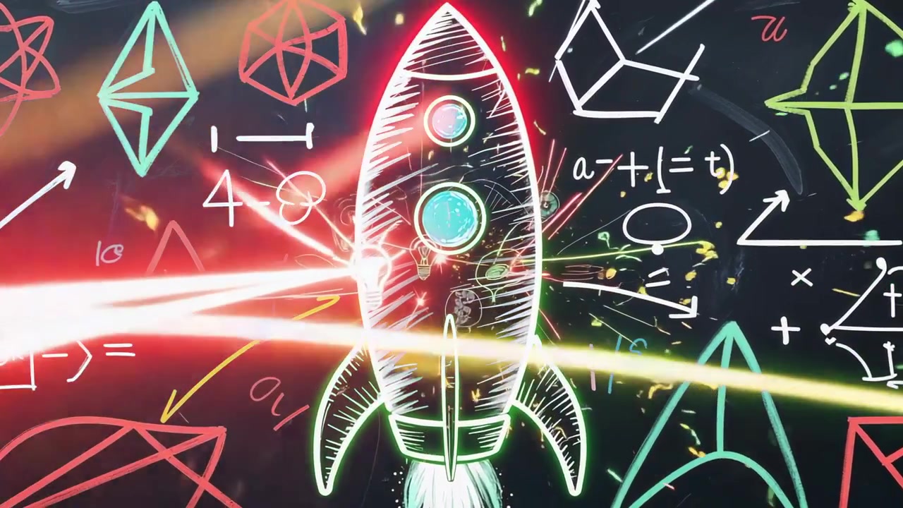 Emissione di un raggio laser rosso che spazza una tela lavagna, attivando un razzo disegnato a mano con schizzi al neon