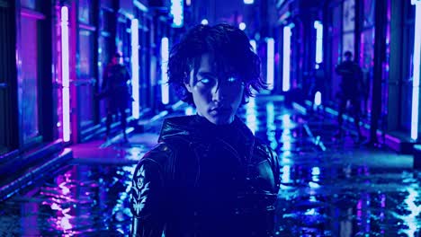 cyberpunk woman in neon lit alley