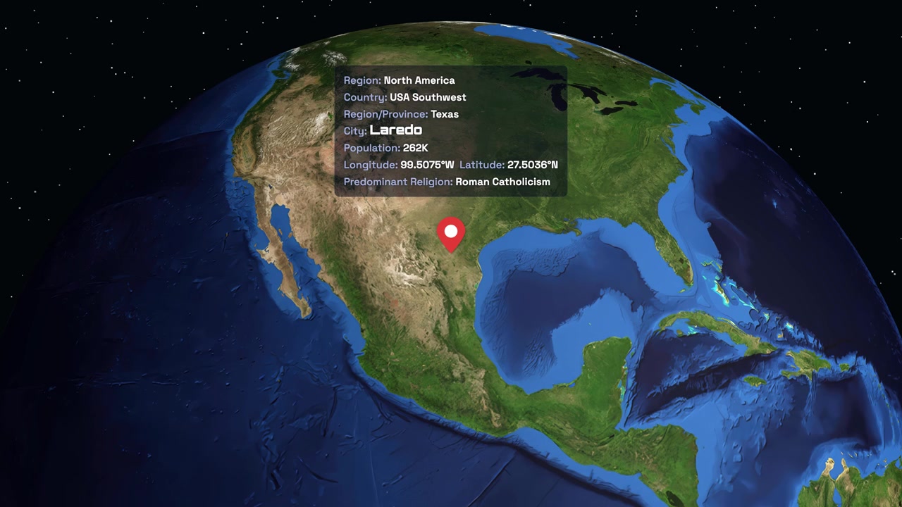 Animación digital que se acerca desde la Tierra giratoria en el espacio hasta un marcador de ubicación específico en Texas.