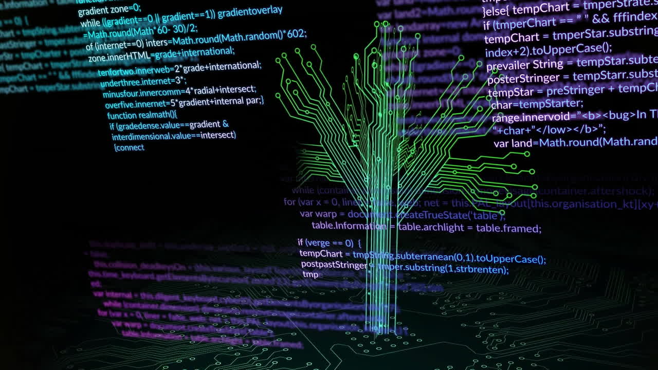 animazione della scheda di circuito e elaborazione dei dati su sfondo nero