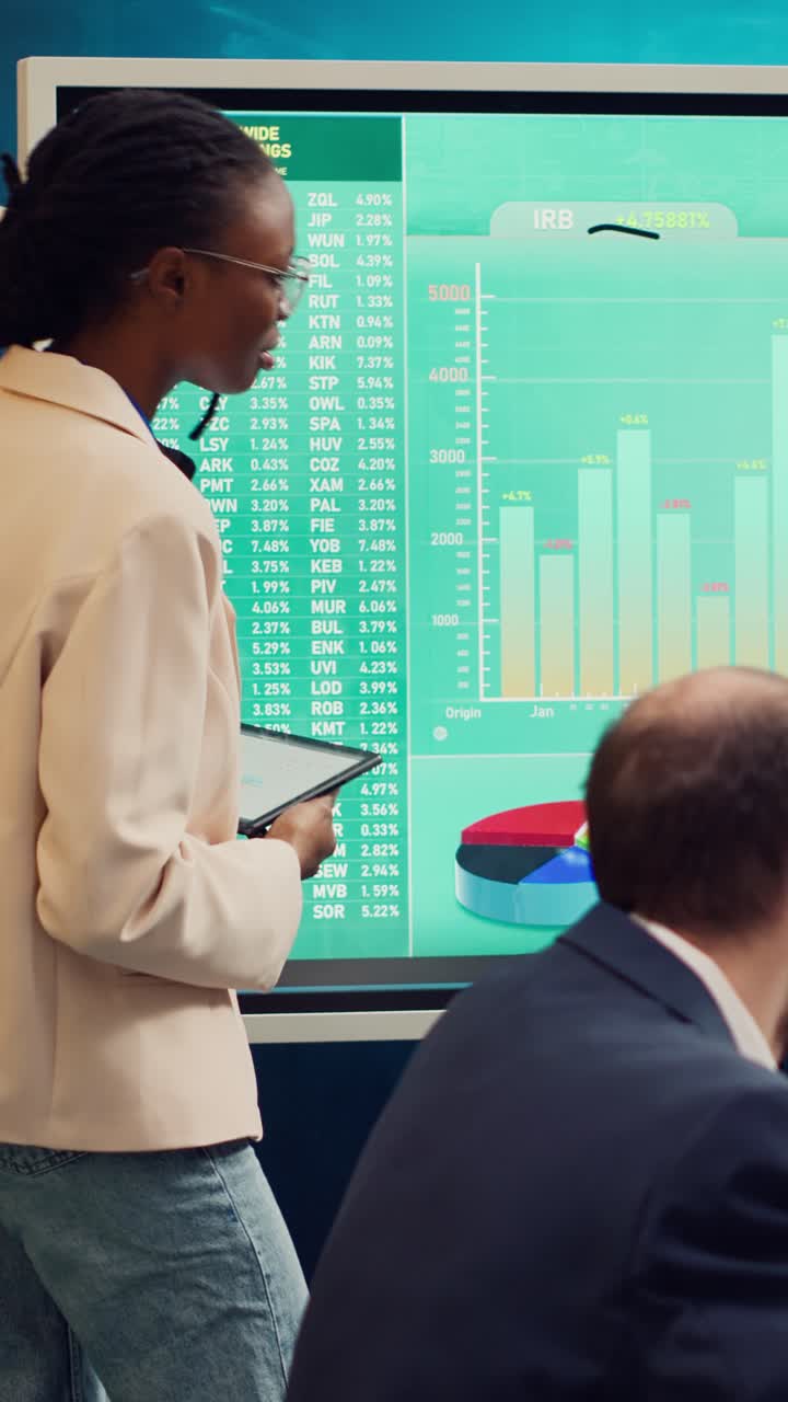 Financial Analysts Discussing Stock Market Data on Large Screen