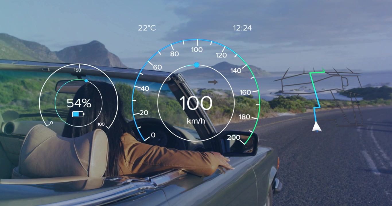 Kvindelig passager læner sig ud, mens chauffør accelererer, bilteknologi HUD viser hastighed, navigation guider gennem sving.