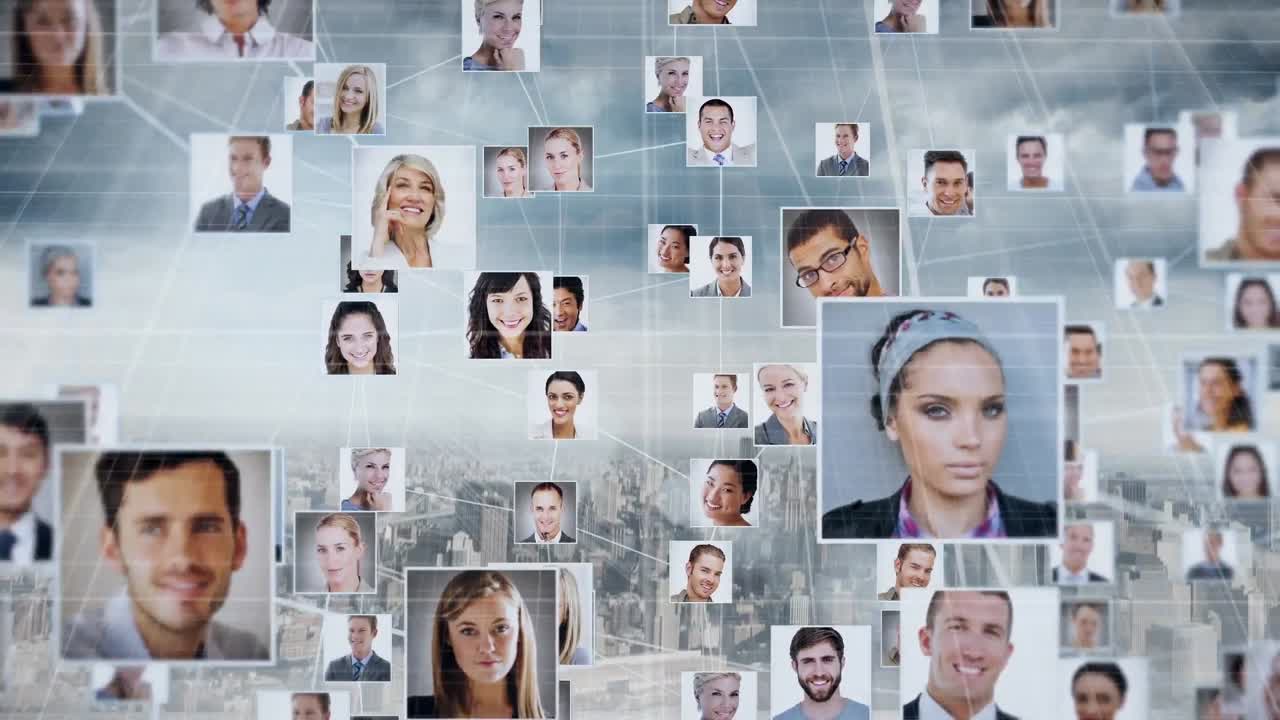 animación del globo con red de conexiones fotos de personas de negocios.