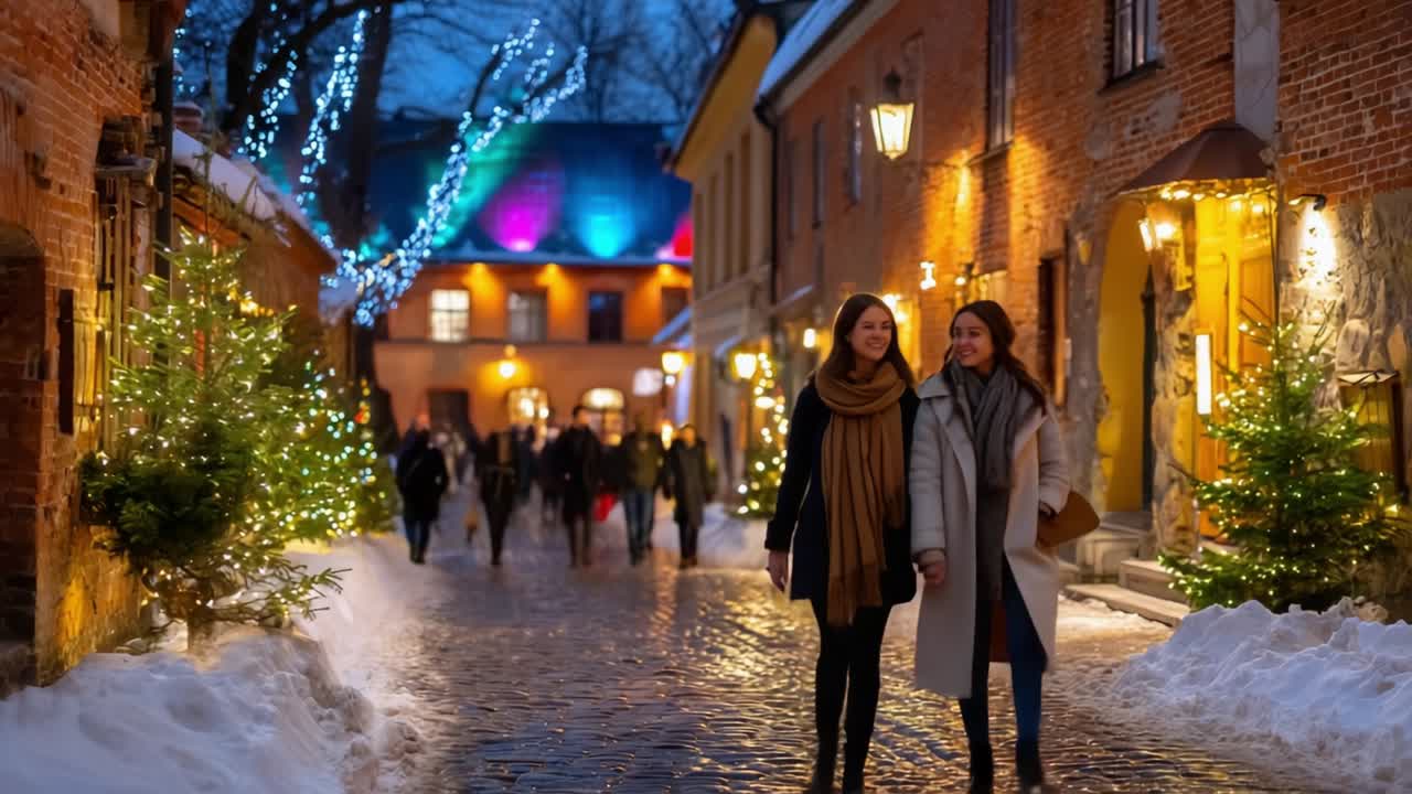 Two Friends Enjoying a Charming Winter Stroll Through a Magical Snowy Street Adorned with Twinkling Lights and Festive Decorations During the Holiday Season, Creating a Warm and Inviting Atmosphere