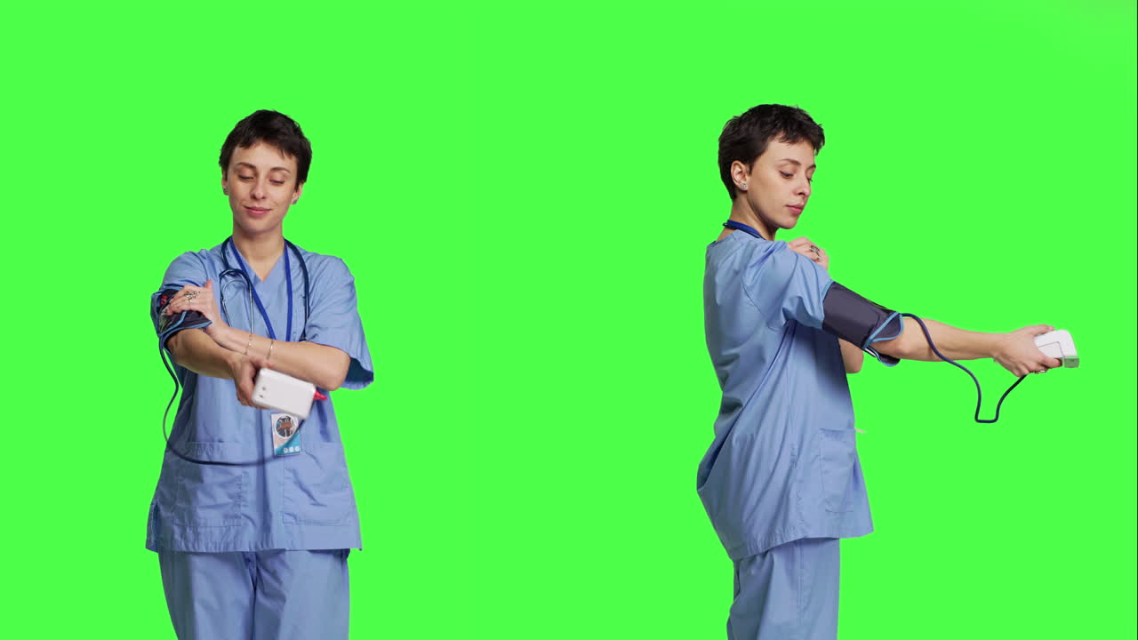 동맥 혈압을 측정 하는 데 사용 되는 톤미터 를 보여 주는 의료 보조자