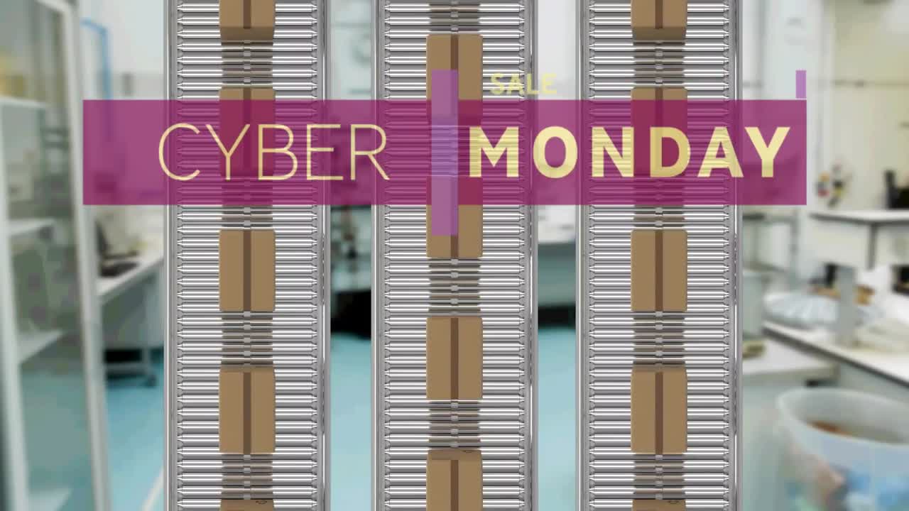 animación del texto de venta del lunes cibernético sobre cajas de cartón en cintas transportadoras