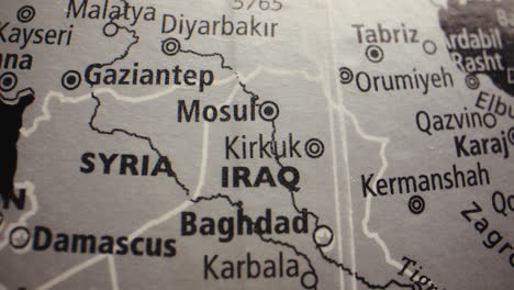 Close-up of a map showing Iraq, Syria, and surrounding Middle Eastern countries and cities