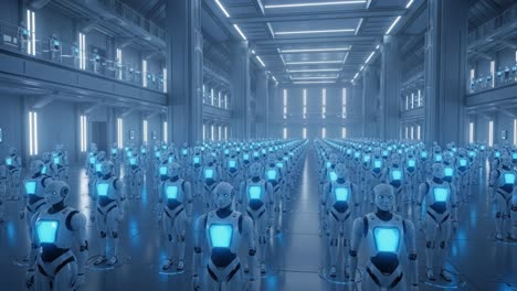 a futuristic assembly of autonomous robots in a high-tech facility showcases a stunning display of advanced technology and innovation, highlighting their design and functionality