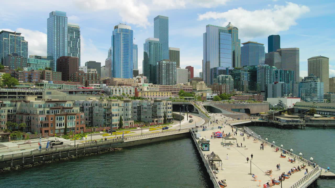 Aerial Seattle Waterfront, Washington State skyline USA establishing view