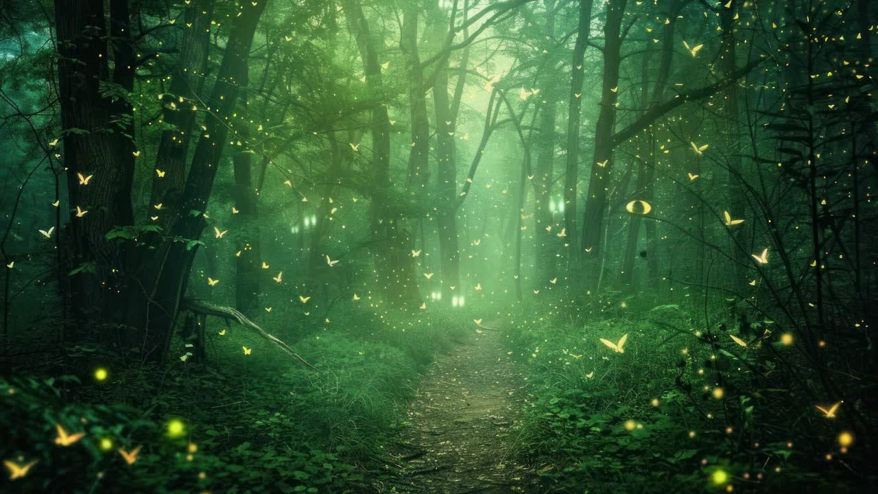 A mystical forest path with glowing lights, captured at eye level. The video style evokes a serene