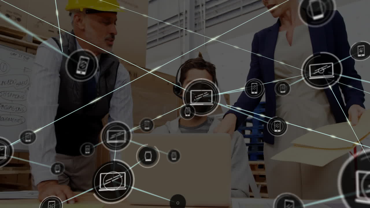 Animation of network of connections with icons over white male and female workers in warehouse