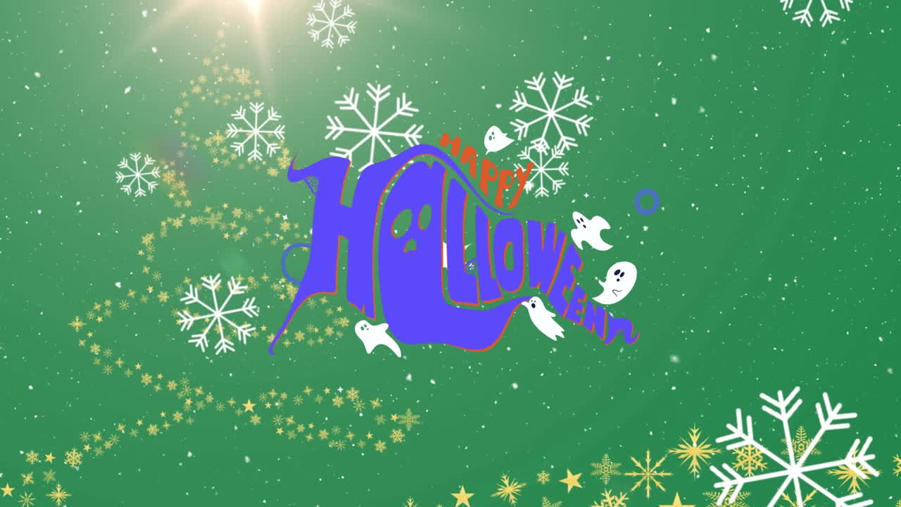 녹색 배경에 행복한 할로윈 텍스트 위에 내리는 눈의 애니메이션.