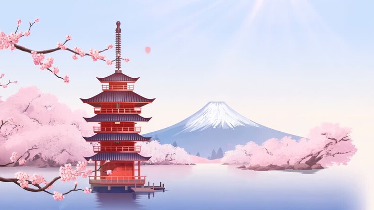 Pagoda giapponese animata sul lago con il Monte Fuji e fiori di ciliegio che cadono