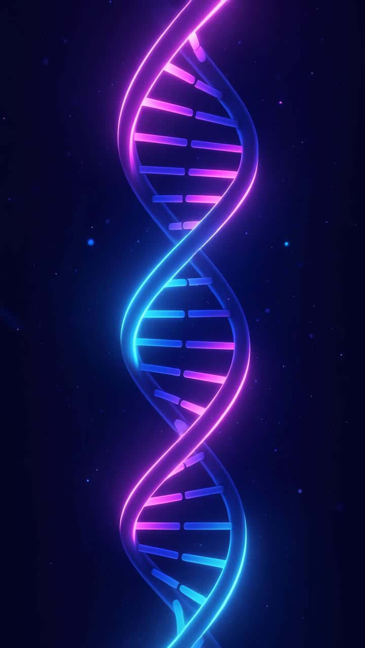 Futuristic video concept of a glowing DNA helix in neon blue and pink