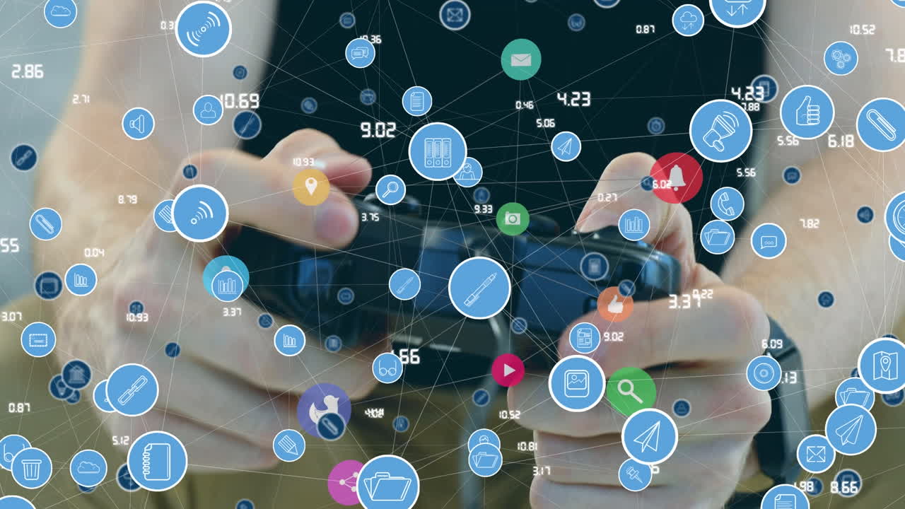 게임패드를 사용하는 백인 남성 위의 미디어 아이콘의 애니메이션