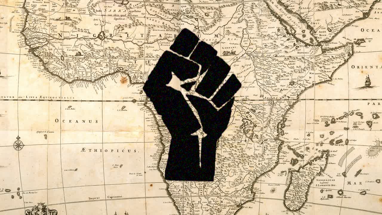 las vidas negras importan: mapa vintage con la superposición del símbolo del puño del poder negro