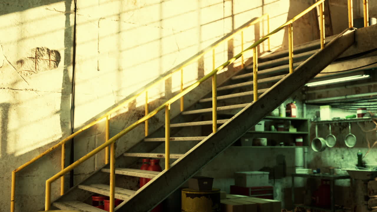 escaleras que conducen a la cocina en el antiguo taller de garaje