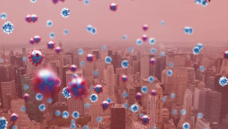 Animation-of-covid-19-cells-floating-over-cityscape-on-red-background