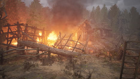 burning wooden house in old village