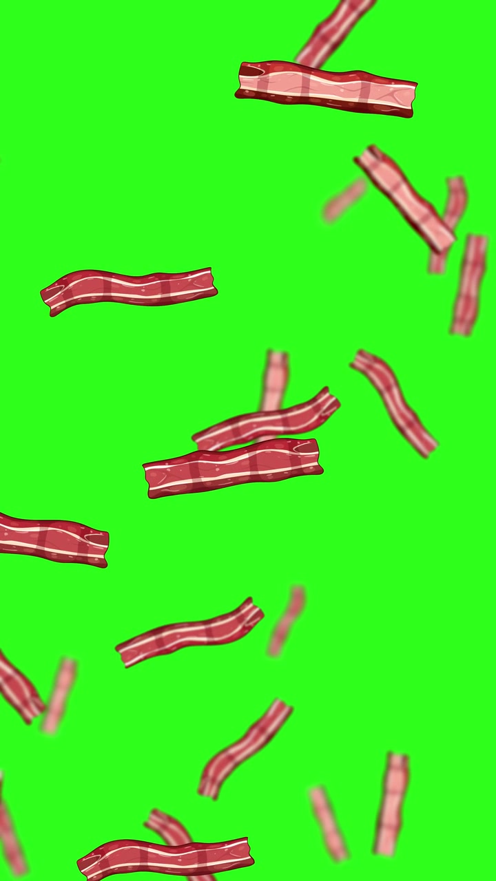 Strisce di pancetta croccante cadono verso il basso su uno sfondo chroma key verde brillante in un'animazione verticale in loop.
