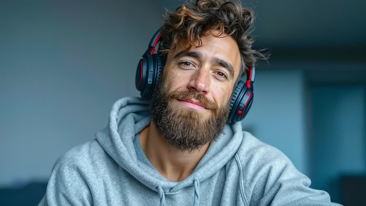 A man with a beard wearing a gray hoodie and red headphones