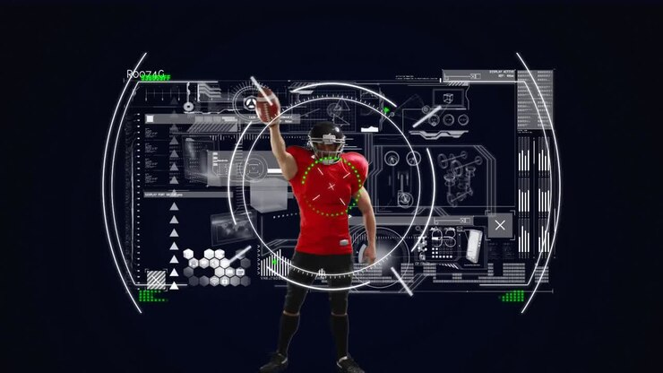 Animation of scopes scanning and data processing with american football player