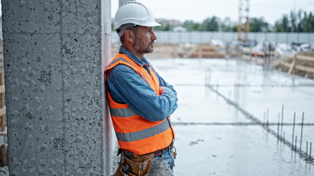 Construction Worker in Safety Gear Observing Project Progress on a Construction Site with Framed Concrete Structures Under Development in Background.