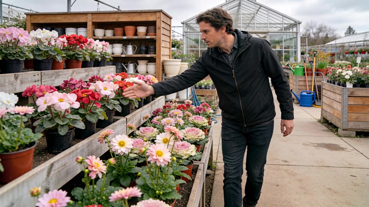 Uomo che si avvicina all'espositore, allungando la mano, ispeziona fiori in vaso e seleziona piante al vivaio.