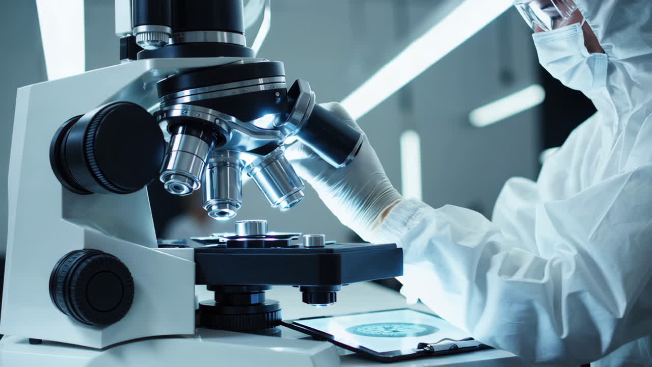 Scientist using microscope and digital tablet in a modern lab
