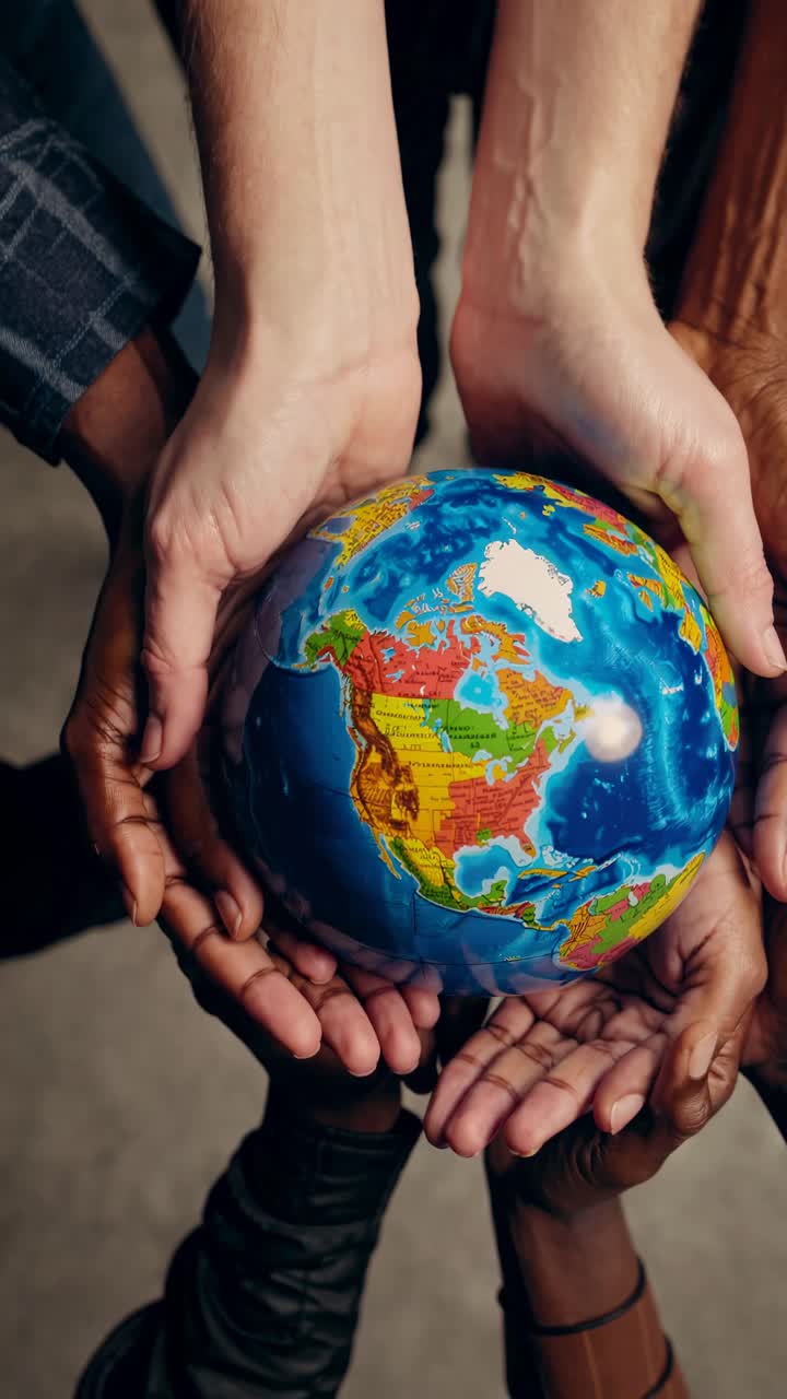 Aerial view of diverse hands holding a globe, symbolizing unity and global connection