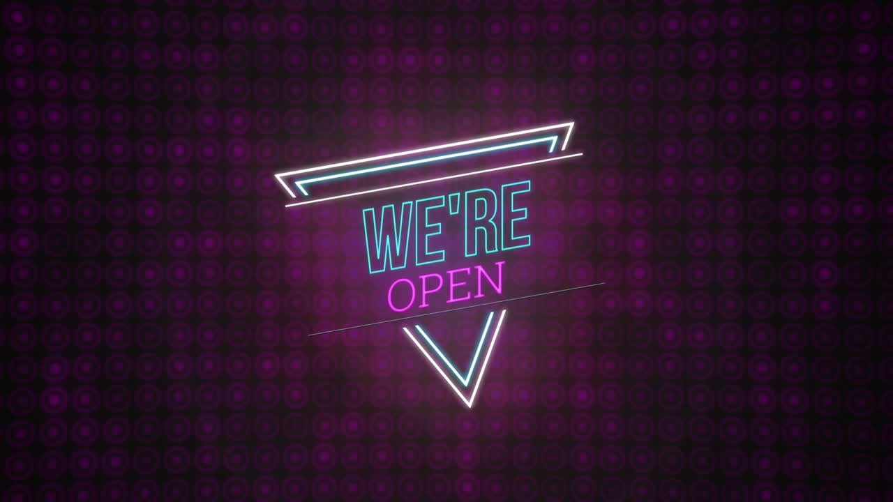 Animation of we're open text over purple spots on black background