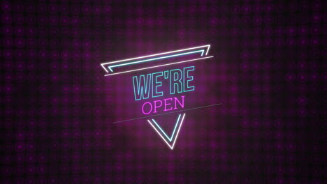 animation of we're open text over purple spots on black background
