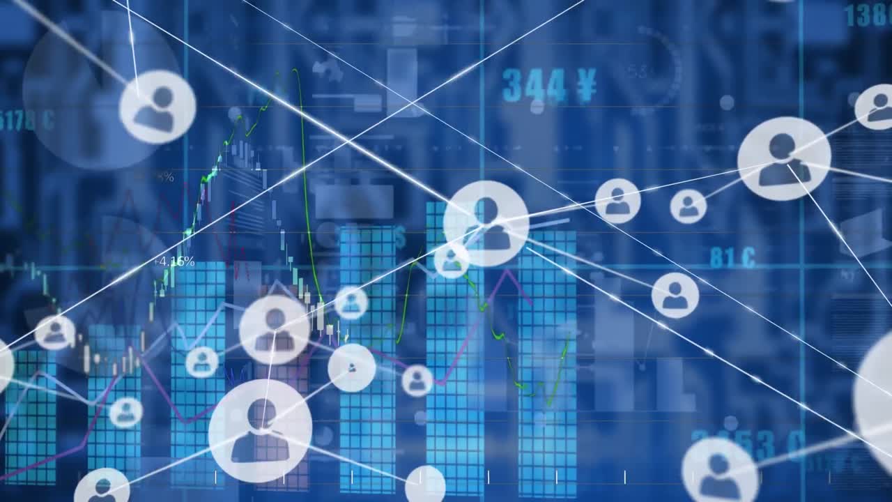 Animation of network of profile icons and statistical data processing against blue background